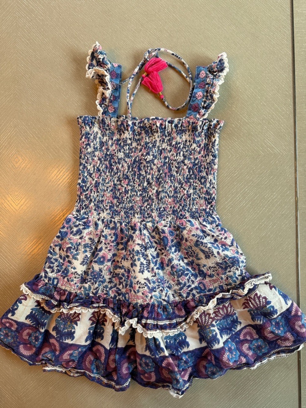 bebe Blue and Pink Floral Smocked Sundress with Tassel Straps